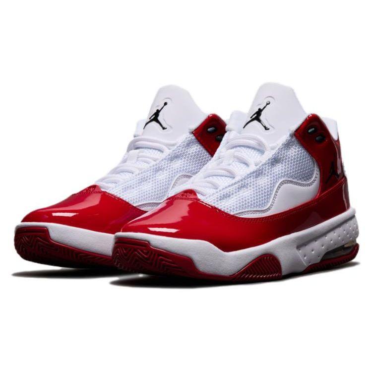 Jordan Max Aura 2 Leather Lace-Up Casual Non-Slip Durable Mid-Top Kids Basketball Shoes Kids Sneaker White Red DC1767-100