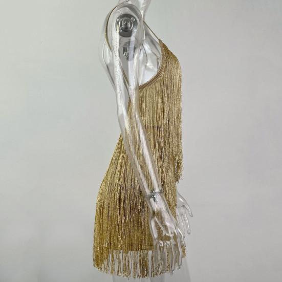 Women Prom Dress Shiny Tassel Fringe Spaghetti Strap Backless Sleeveless Slim Fit Sheath Low Cut V Neck Latin Dance Dress Club Wedding Mini Dress