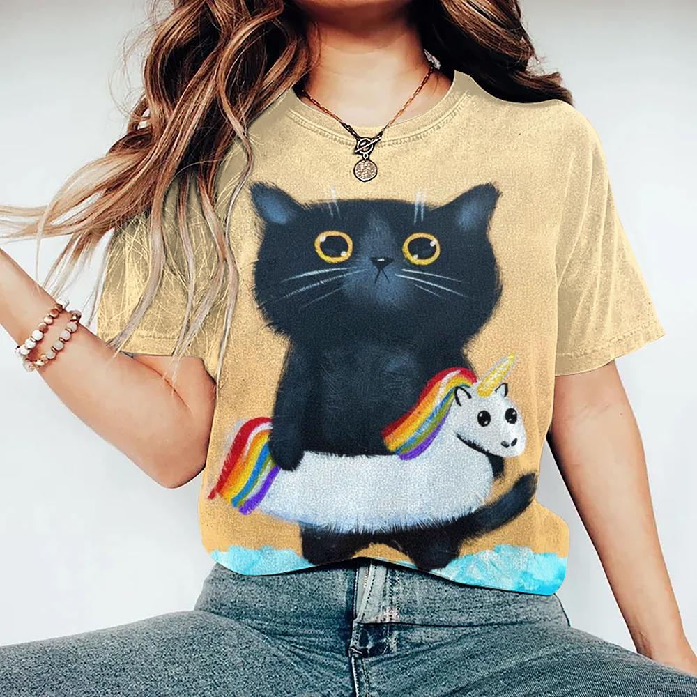 Women's T Shirt Cartoon Cat Pattern Print Summer Casual Short Sleeve Tee Fashion Streetwear Cute Girl Female Oversized Clothing