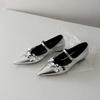 Pointed Silver Sequined Flower Mary Jane Women's Shoes One-word Buckle with Shallow Mouth Inner Height Increase Single Shoes