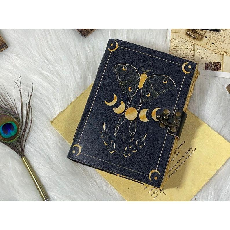 Blank Spell Book of Shadows Handmade Luna Moth Sun and Moon Vintage Journal Junk Journal Gifts for Men and Women