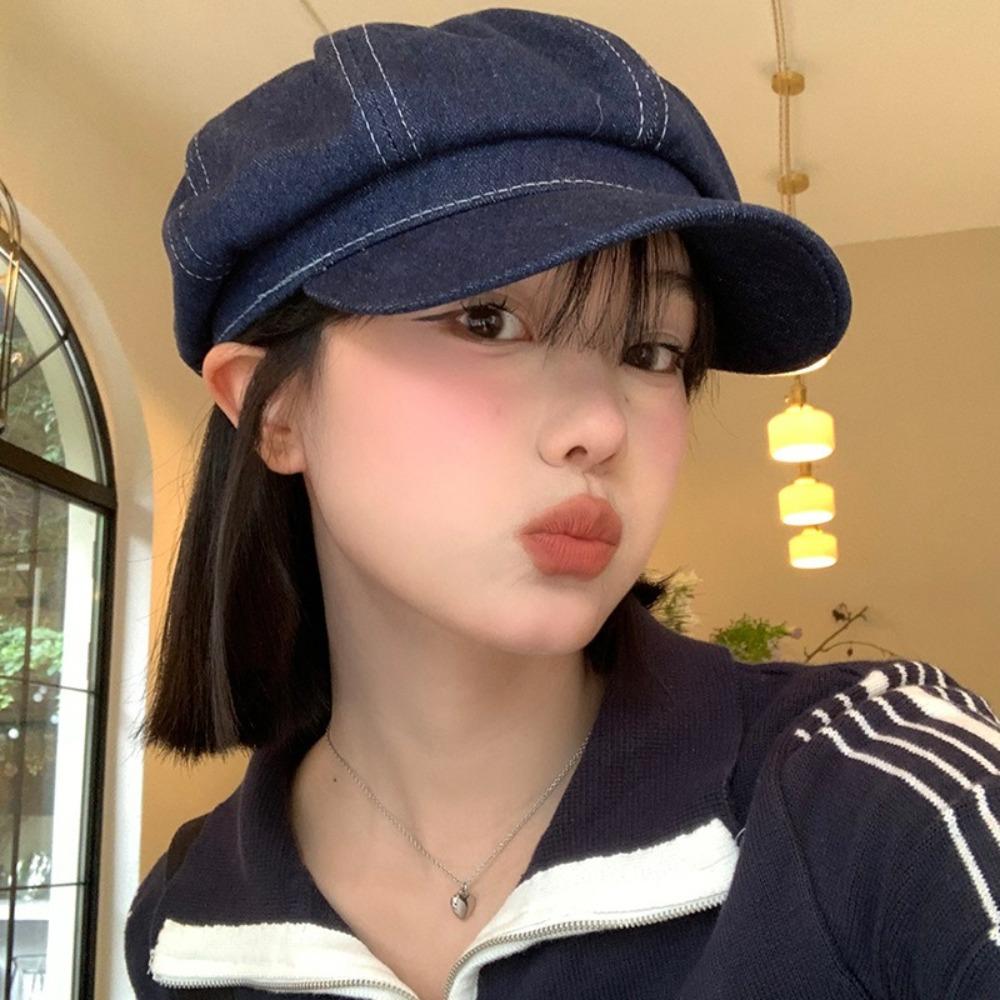 Vintage Octagonal Caps Back Closed Newsboy Cap Fashion Women Denim Beret  Unisex
