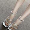 Beautiful~ Sandals Women's New Summer Silver Square Head Open Toe One-word Buckle Thick Heel High Heel Sandals