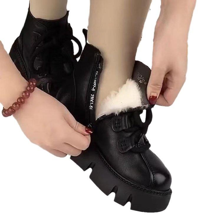 Soft Leather High-top Cotton Shoes Women's 2024 New Winter Velvet Thickened Warm Short Boots Thick-soled Non-slip Cotton Boots Snow Boots