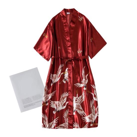 2 Pcs/Set Women Ice Silk Pajama Set Satin Printed V Neck Spaghetti Strap Loose Nightdress Half Sleeve Lace-up Waist Nightgown Lady Sleepwear