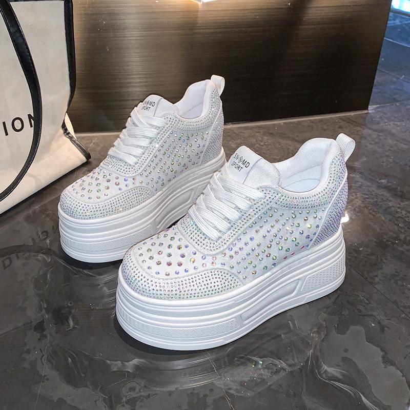 Fashion 10cm Crystal Synthetic Microfiber Chunky Sneakers Women Shoes Platform Wedge Hidden Heels Sandals Leather Pumps Flats