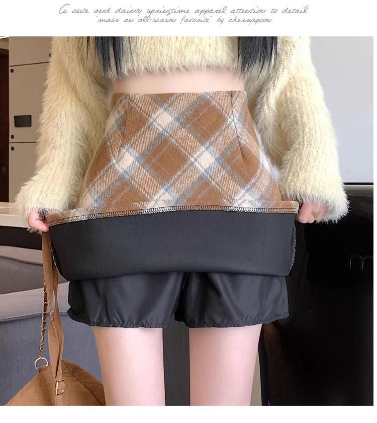 Women's High-Waist Wool Plaid Retro A-Line Skirt - Autumn/Winter Collection, Slim Fit, Short Length