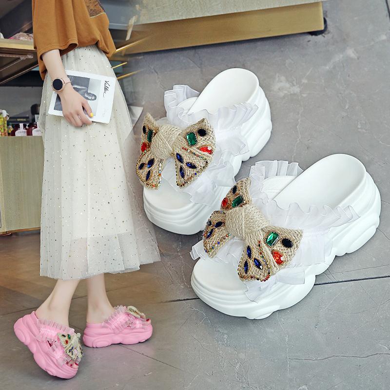 Fashion Shoes Woman 2025 Slippers Summer On A Wedge Pantofle Platform Butterfly-Knot Luxury Slides New Designer Fashion Butterfly-knot