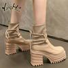 2024 New Ankle Modern Boots Cotton Fabric Lace FashionBlack Chunky High Heel Super High Platform Shoes for Women Spring Autumn