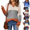 Women's Loose Knitted Sweater With V-Neck Hollowed Out Pullover Long Sleeved Color Blocked Top