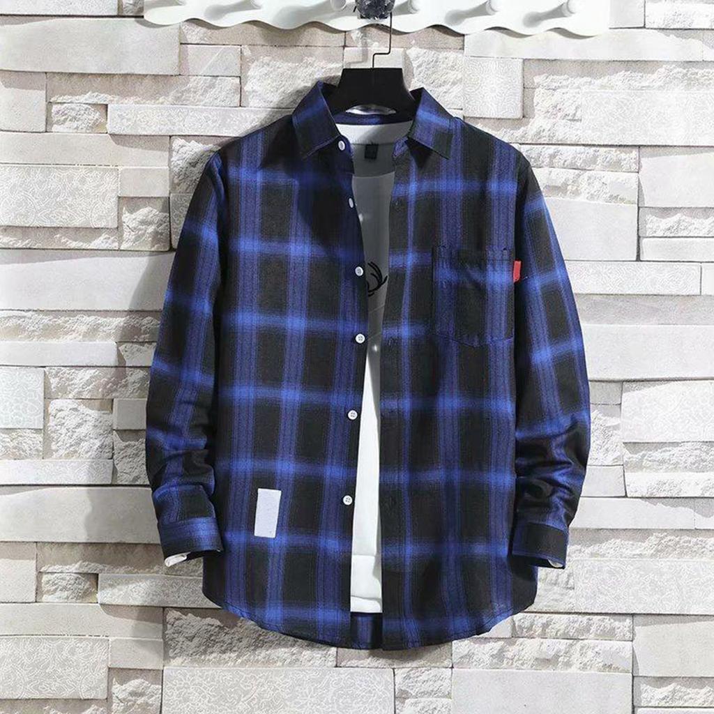 Men's Blouses Lapel Shirt Long Sleeve Plaid T-shirts Loose Shirt With A Coat Button Down Casual Shirts Plus Size Fashion Tops