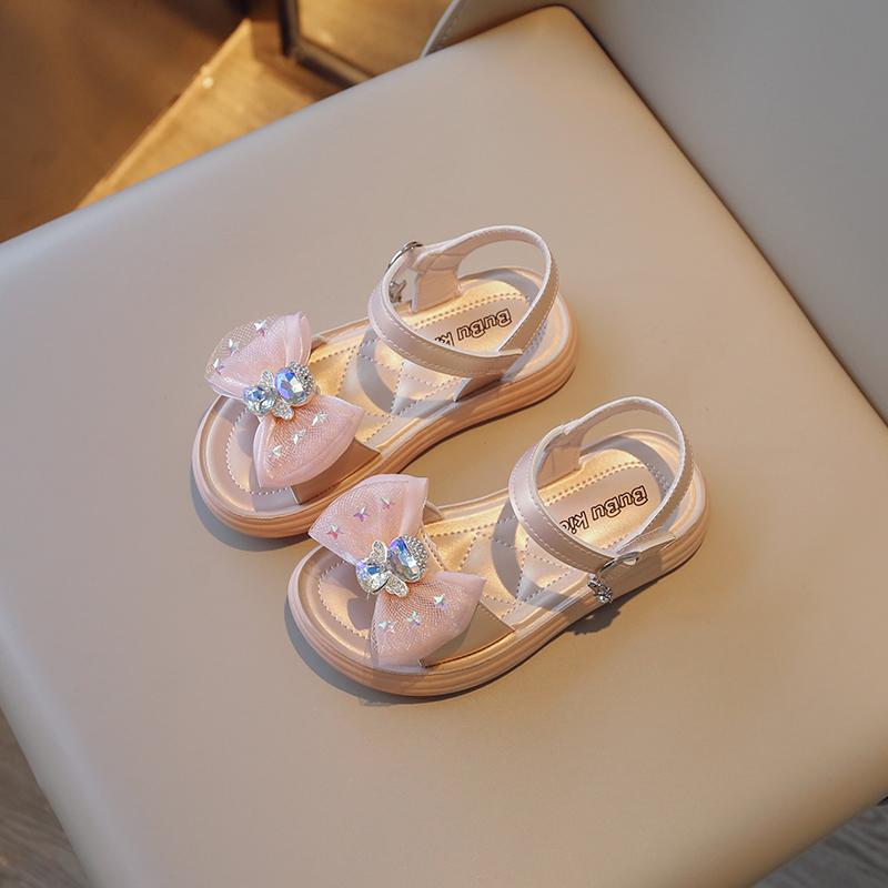 Girls Rhinestone Mesh Bow Simple Korean Children's Sandals New Summer 2024 Solid Color Versatile Kids Performance Shoes Fashion