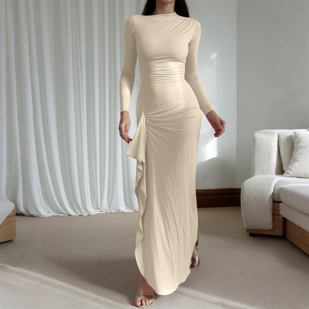 Women's Casual Fashion Long Sleeve Solid Color Slim Waist Dress