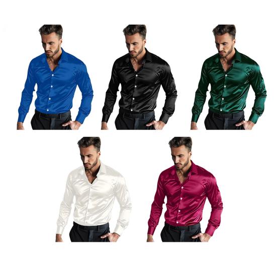 Men's Satin Glossy Shirt Solid Color Long Sleeve Smooth Dress Shirt Lapel