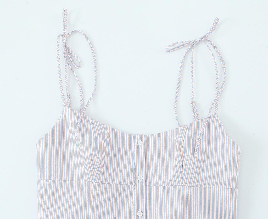 2025 Spring Blue Striped Sling Dress - Women's European & American Style