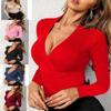 Sexy Hot Girl Deep V-neck Temperamental Knitted Long Sleeve Women T-Shirt