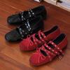 Red Bow Small Single Shoes Women's  Autumn Leather Retro Shallow Mouth Rivet Ballet Flats