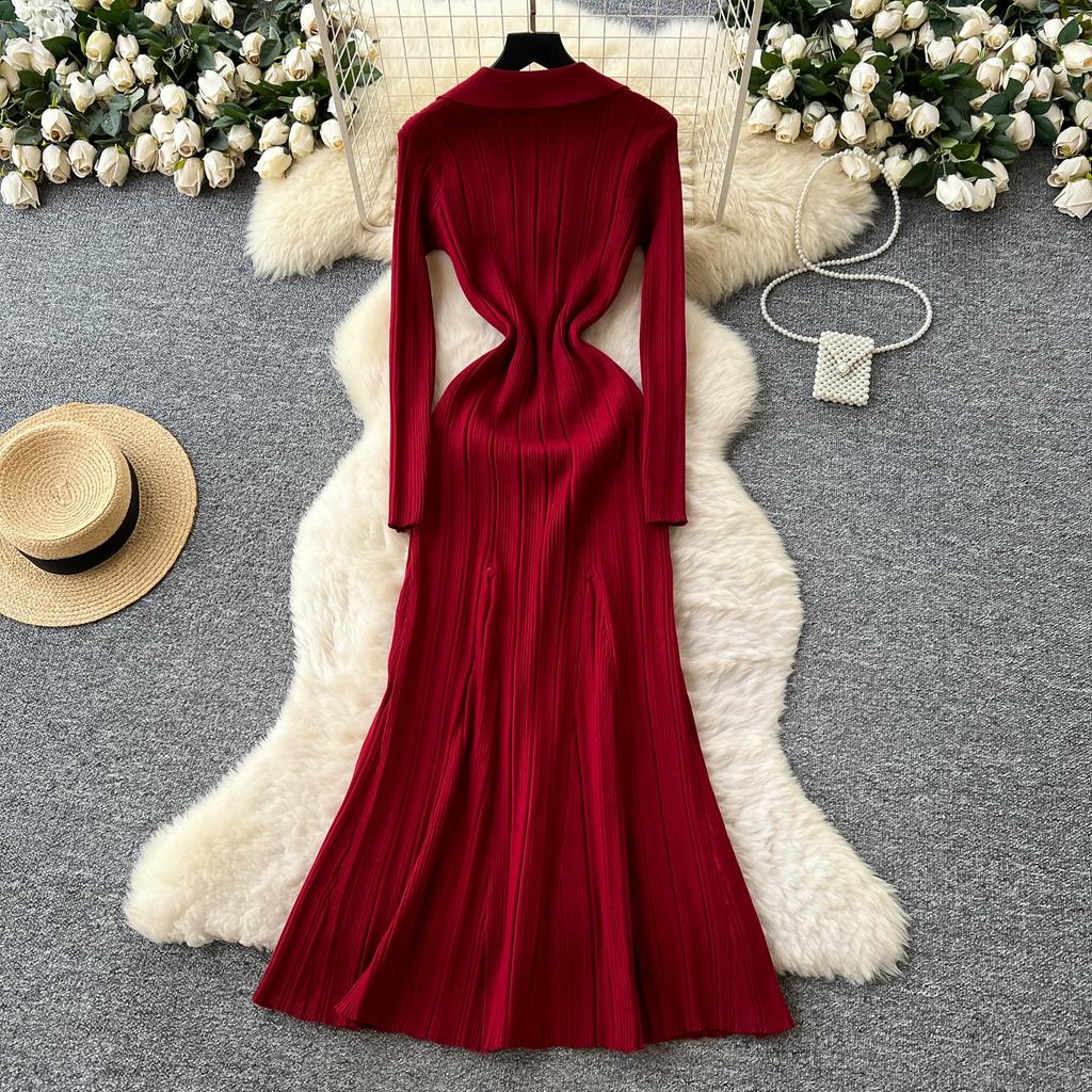 Autumn Winter Women V-neck Full Sleeve Knitted Sweater Party Long Maxi Mermaid Dresses