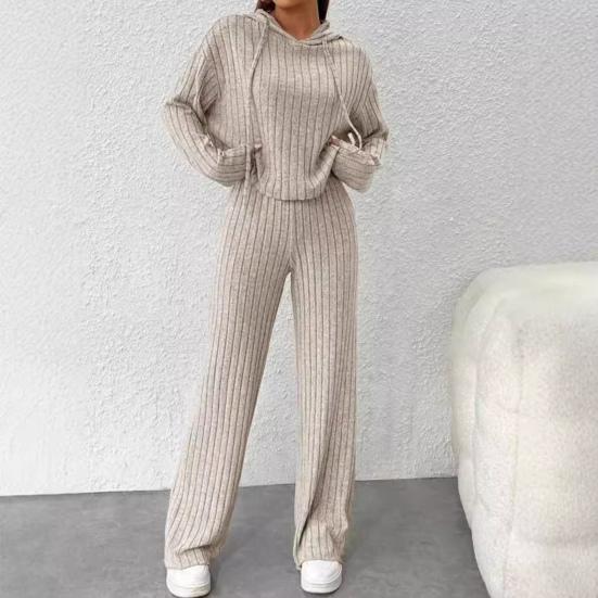 2 Pcs/Set Women Hoodie Pants Suit Drawstring Thread Long Sleeves Solid Color