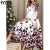 Women's Fashion Spring Fall Flower Pattern Print Long Sleeve O-Neck Middle Waistline Casual Dresses