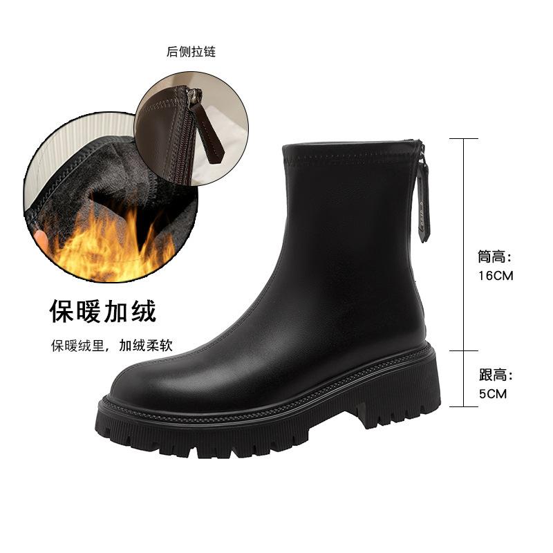Leather Short Boots Women's Thick Heel 2025 New Spring and Autumn Elastic Thin Boots Single Boots Thick-soled British Martin Boots