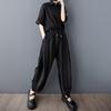 Plus Size Black Vintage Stripe Patchwork High Waist Casual Loose Summer Harem Pants Women Trousers