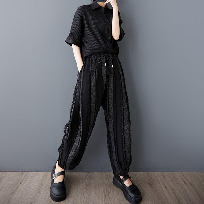 Plus Size Black Vintage Stripe Patchwork High Waist Casual Loose Summer Harem Pants Women Trousers
