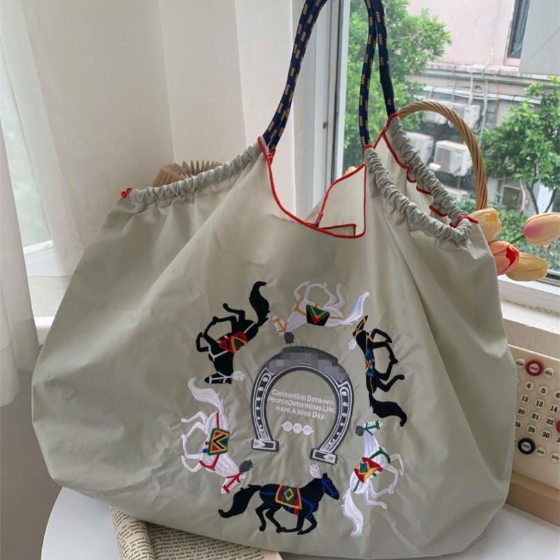 Women's Embroidered Large-Capacity Canvas Tote Bag: Foldable Nylon Crossbody Handbag