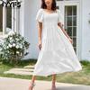 Women's Fashion Summer Spring Solid Color Print Short Sleeve Square Collar High Waist Casual Dresses