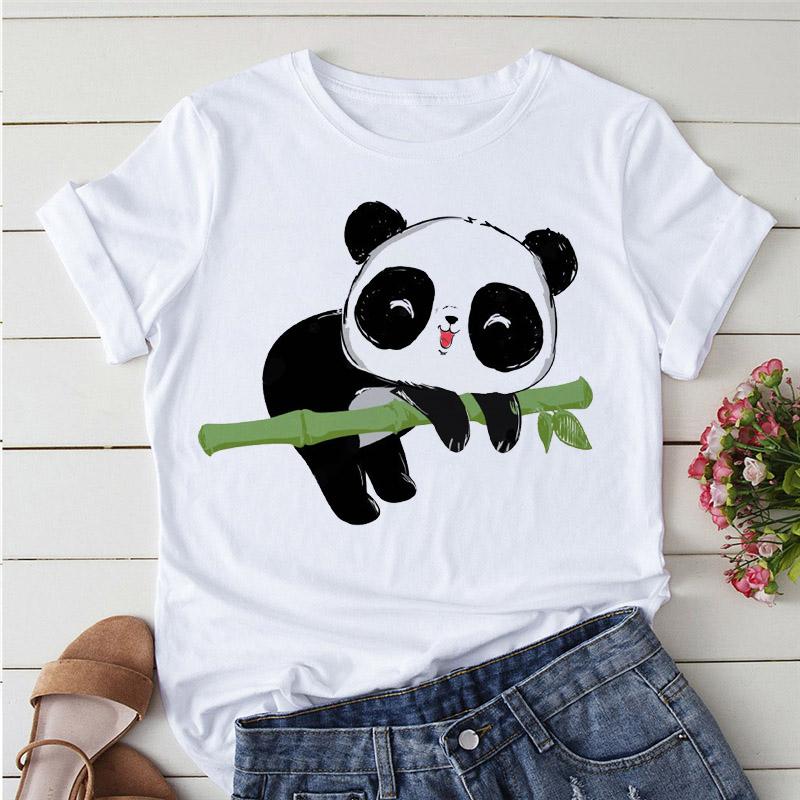 Aesthetics Cute Panda Print Women Basic Tees Cartoon Top O-Neck Simple Tee Short Sleeve T-Shirt Ladies Tees Graphic White Tshirt