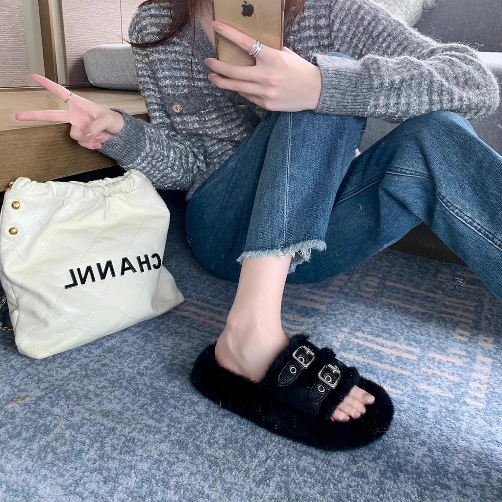 Double-breasted Flat Bottom Home Thick Bottom Fluffy Outer Wear Fluffy Slippers Women Autumn and Winter