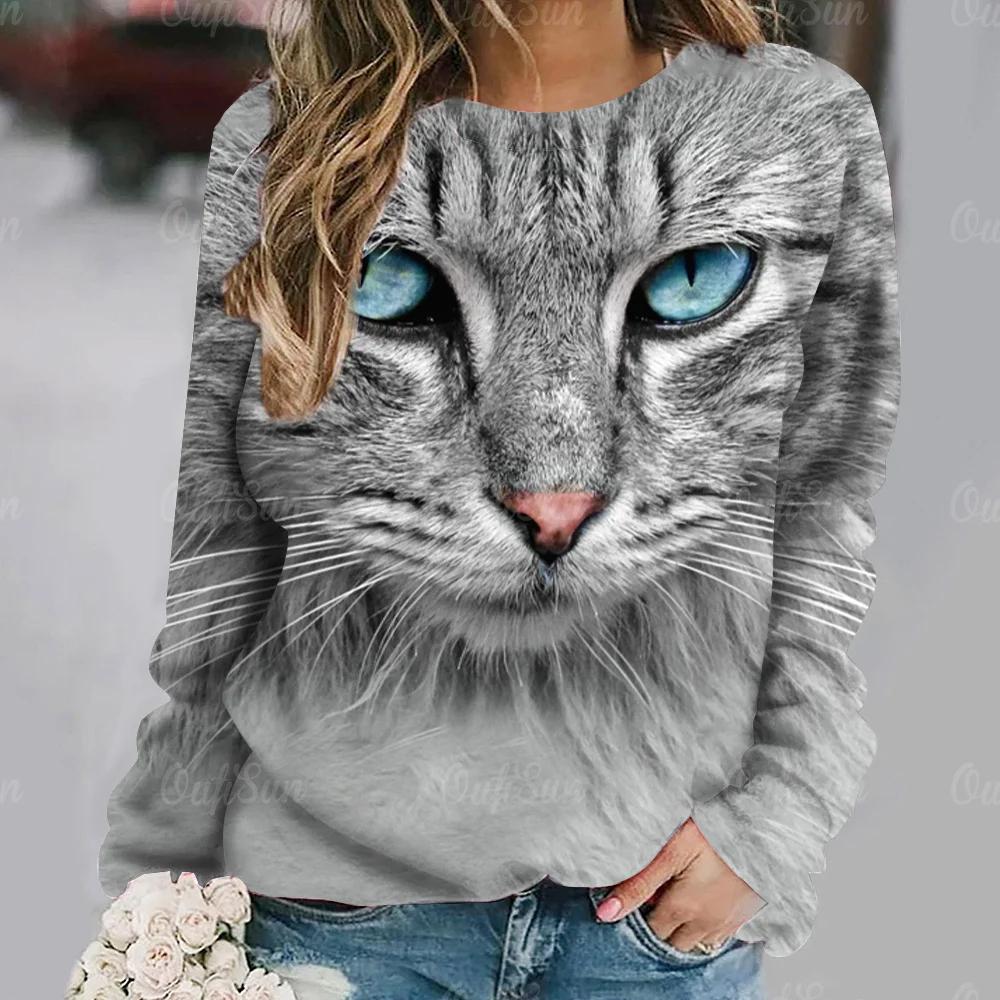 Women's Cat Big Head Cute Print Long Sleeve T-shirt Casual Loose Pullover Female Streetwear Cute Tops Fashion Trend