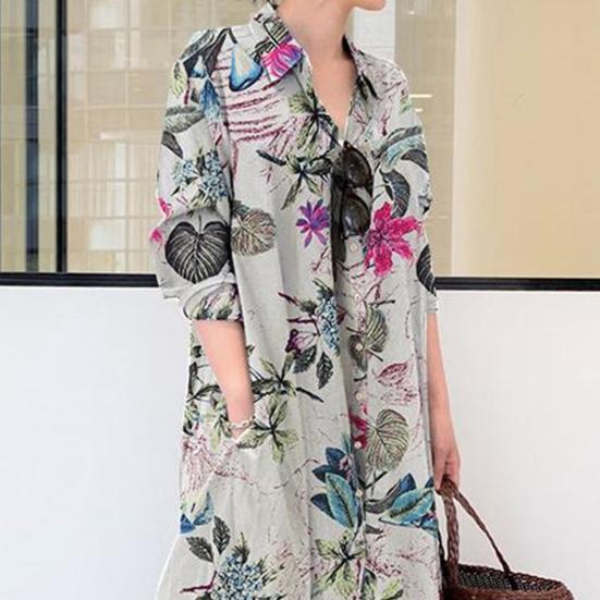Dress Loose Colorful Flower Print Ankle Length Long Sleeve Pockets A-line Lapel Single-breasted Soft Breathable Maxi Dress