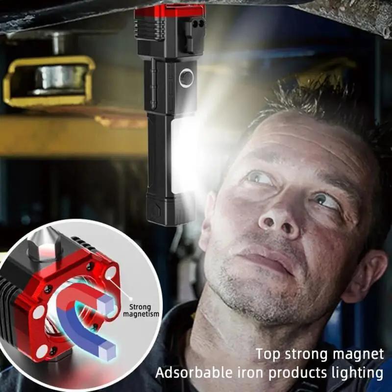 LED Flashlights Tactical Torch Rechargeable Portable Spotlight Long-Range Camping Flashlight With Safety Hammer COB Sidelight