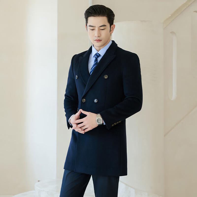 TROJAN Men's Double-Breasted Wool Blend Mid-Length Overcoat