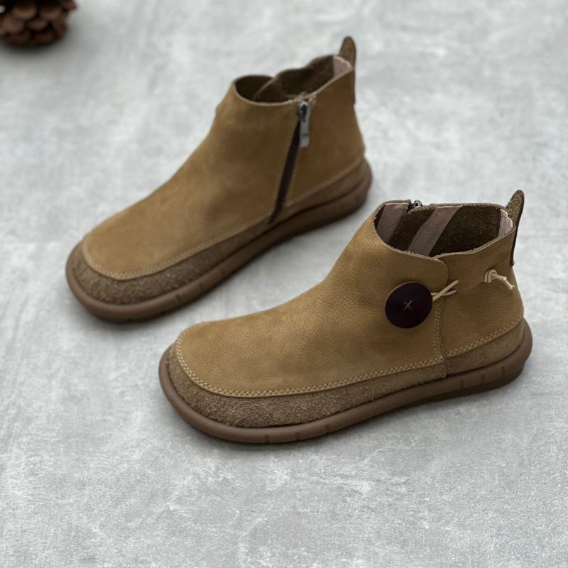 Johnature Retro Women Flat Short Boots Genuine Leather Shoes Handmade Round Toe Solid Color Ankle Boots