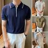 Men Summer Shirt Thin Knitted Short Sleeve Zippered Lapel Top Stretchy Hem Striped Solid Color Loose Shirt for Commuting Travel Outdoor