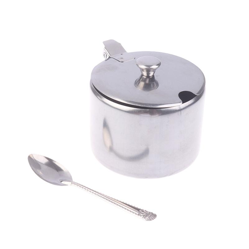 Practical Stainless Steel Sugar Bowl With Handle Lid Spoon Dustproof Waterproof Seasoning Jar Kitchen Restaurant Spice Container