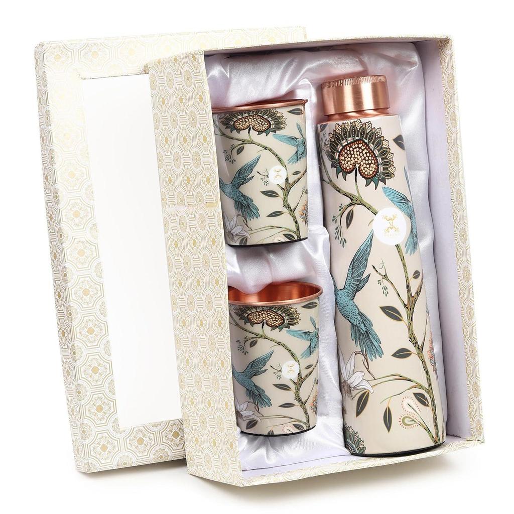 Pure Copper Water Bottle 900 Ml with Glass Set Best Tamba In Printed Design (900 Ml 2x 300 Ml)