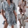 Summer Casual Short-sleeved V-neck Floral Ruffle Pleated Dress Women