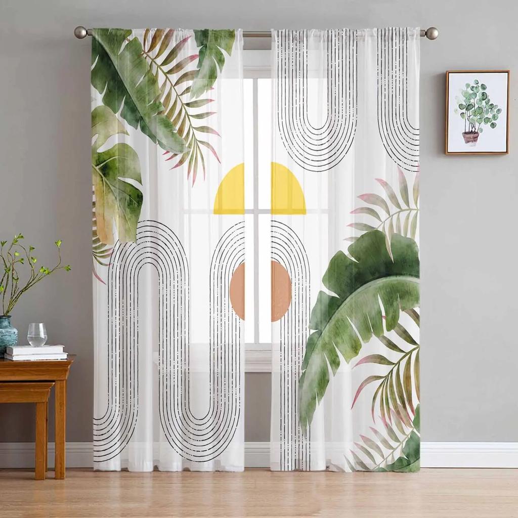 Boho Abstract Leaves Plants Tulle Curtains For Living Room Sheer Curtain For Bedroom Kitchen Blinds Voile Curtains