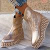 2024 New Autumn Brand New Fashion Embroidery Mid Calf Boots for Women Wedge Platform Retro Ethnic Style High Heels Knight Boots
