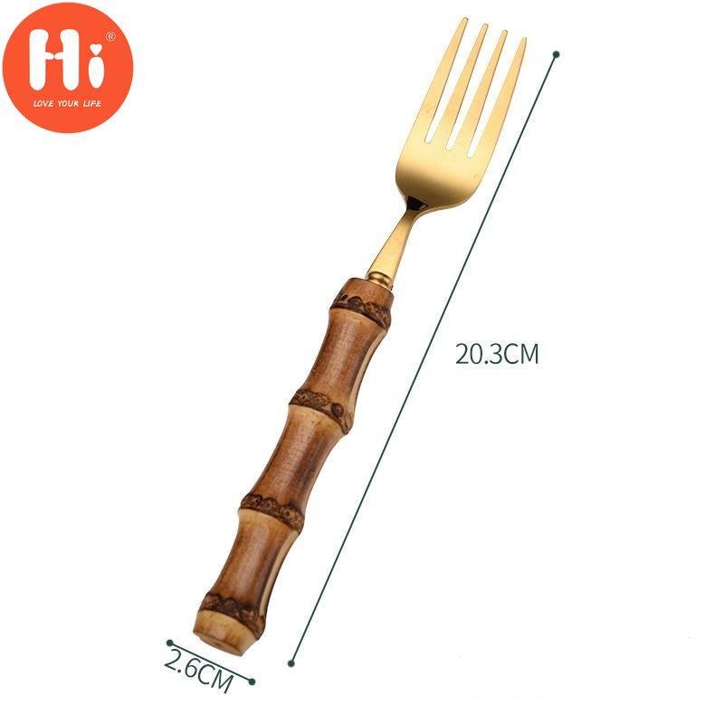 Hi Bamboo Handle Stainless Steel Cutlery Set Wooden Spoon and Fork Set Knife Minimalist Gold
