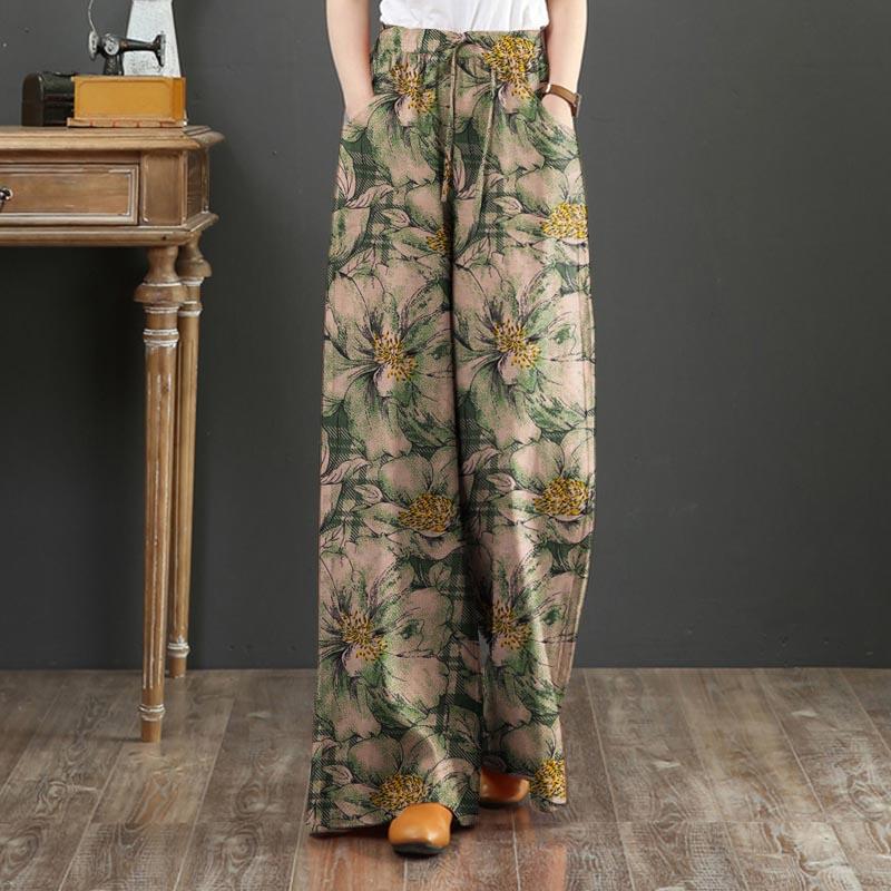 ZANZEA Women Floral Print Casual Elastic Waist Wide Leg Trousers Pants
