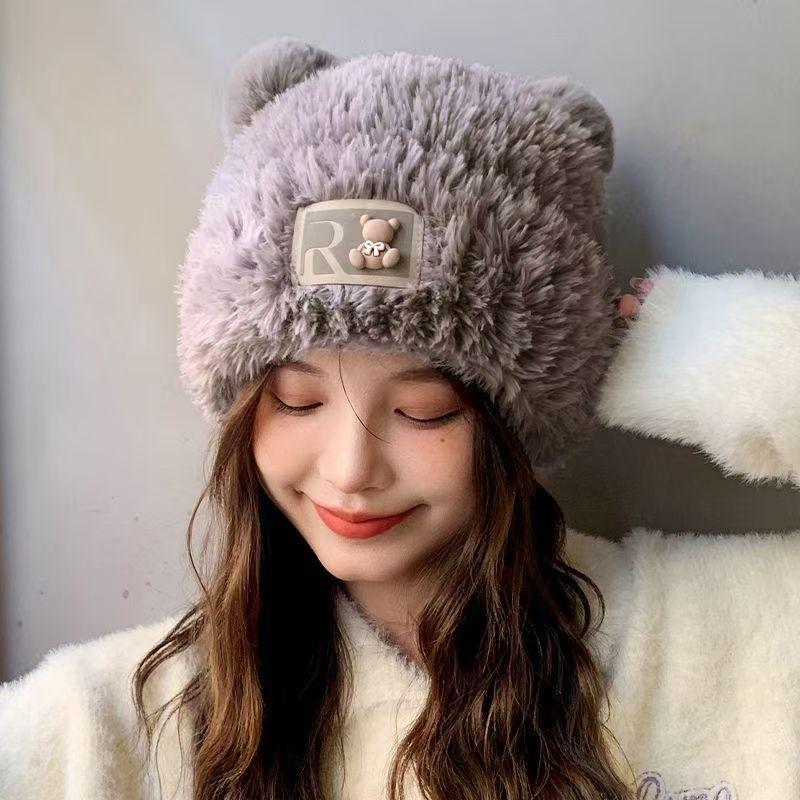 Cute Bear Ears Knitted Hat Children's Autumn and Winter New Soft Waxy Plush Big Head Circumference Warm Bag Head Wool Hat
