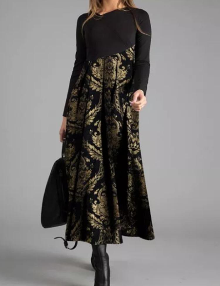 Women's Long Sleeve Black Top with Printed Maxi Skirt Dress, Bohemian Floral Geometric Pattern, Multiple Color Options