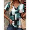 Women's T Shirt Stylish Casual Geometric Patchwork Print Short Sleeve Regular Tops V Neck Daily Green Summer