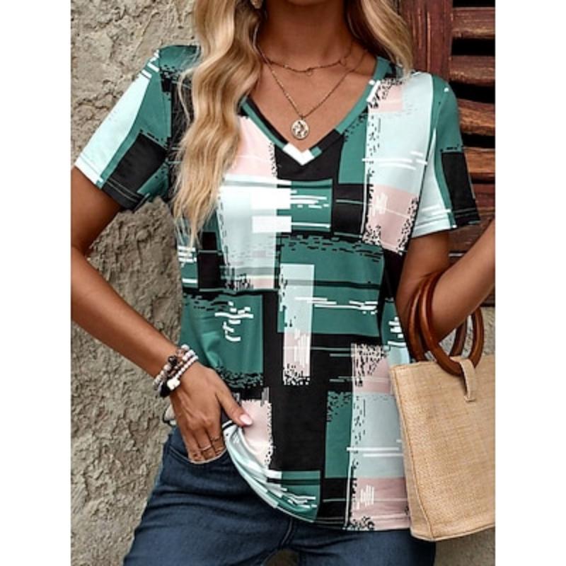 Summer Fashion Casual Geometric Patch Printed Short Sleeved Top V-neck Daily Women's T-shirts