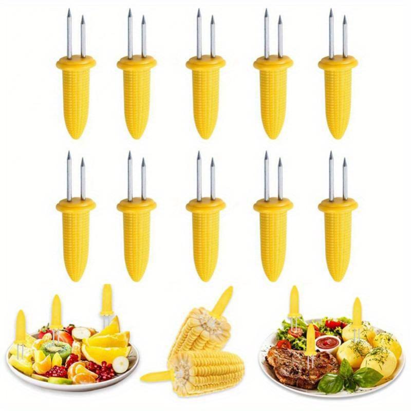 10pcs Stainless Steel Corn Holders - Skewers with Heat Resistant Grip - Home Cooking & BBQ Accessories for Camping, Outdoor Grill Tools, Fruit Forks