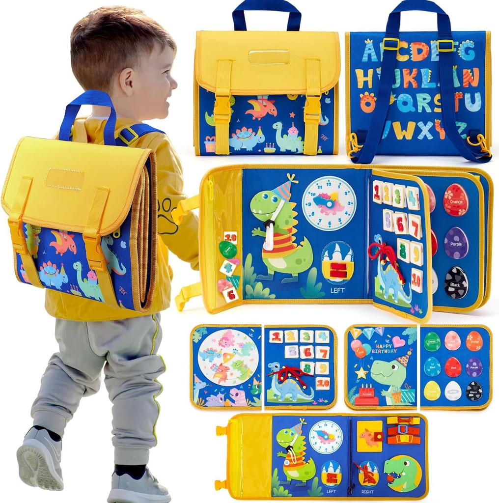 Toddler Busy Board Montessori Toys Learning Educational Activities Travel Toy Dinosaur Dress Up  Sensory Life Skill Backpack